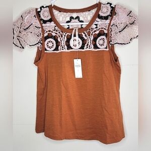NWT Anthropologie Cedar Boho Crochet Flutter Sleeve Top, size Small S